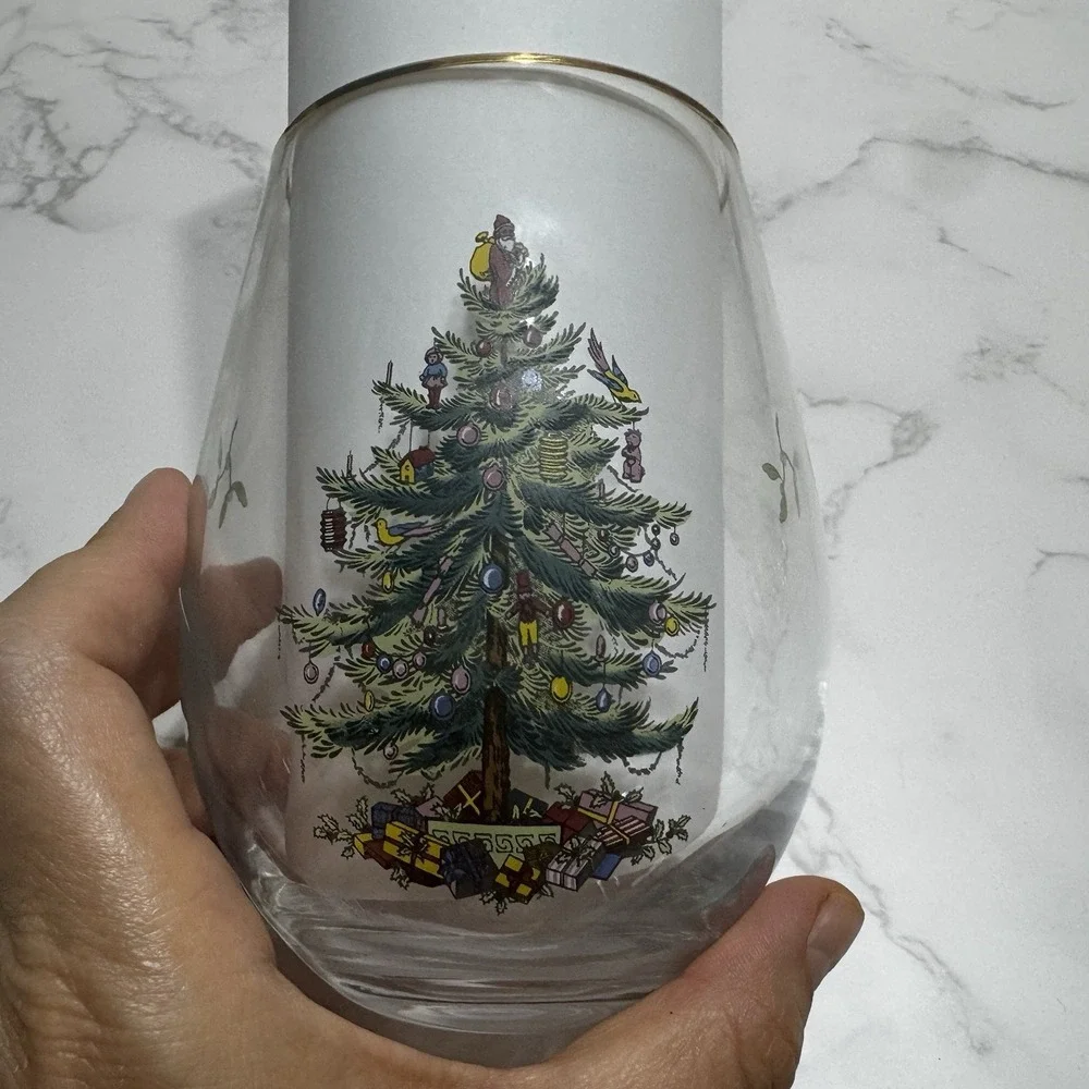 Spode Christmas Tree Stemless Wine Glasses Gold Trim Rim, 19 Oz - Set of 4